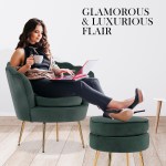 armchair lounge chair accent velvet shell scallop + ottoman footstool round green Woman relaxing in elegant chair with laptop and coffee.