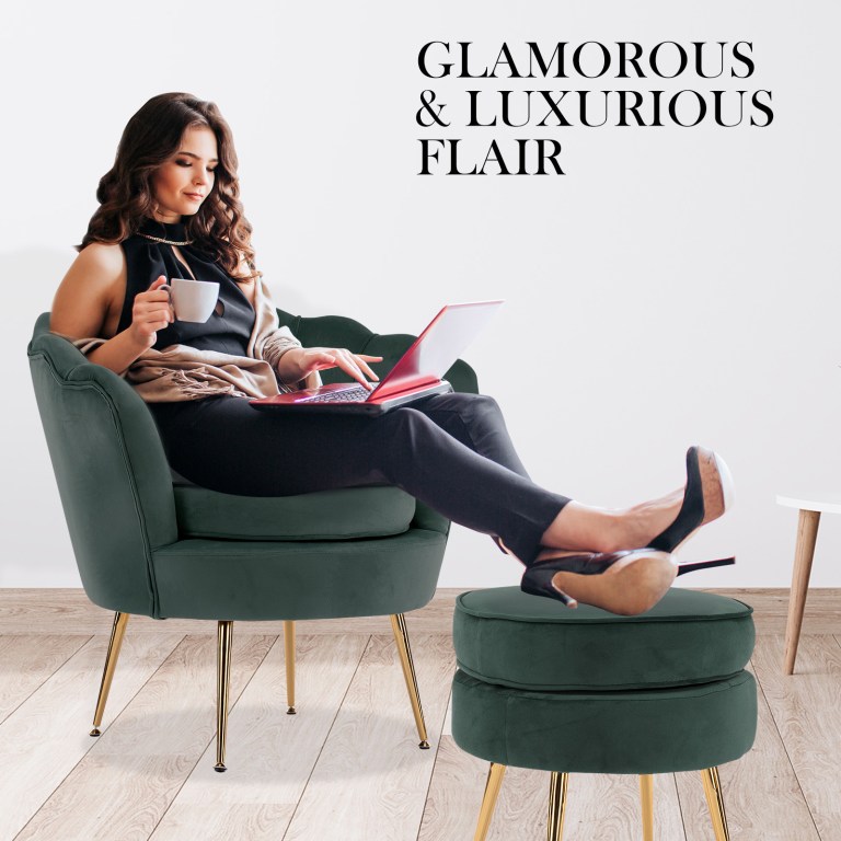 armchair lounge chair accent velvet shell scallop + ottoman footstool round green Woman relaxing in elegant chair with laptop and coffee.