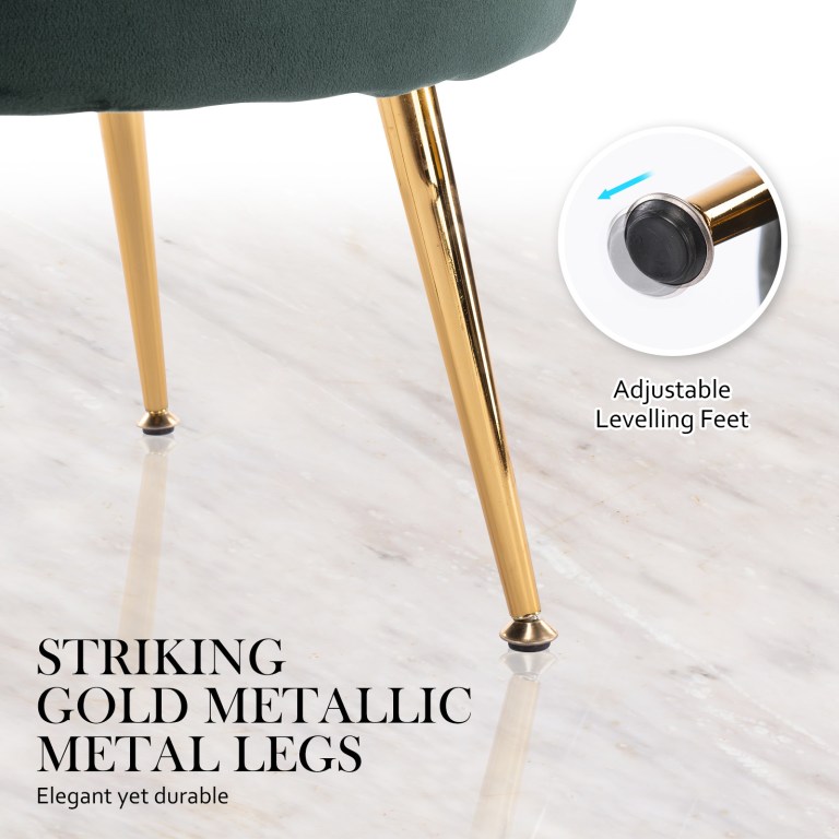 armchair lounge chair accent velvet shell scallop + ottoman footstool round green Gold chair legs with adjustable levelling feet.
