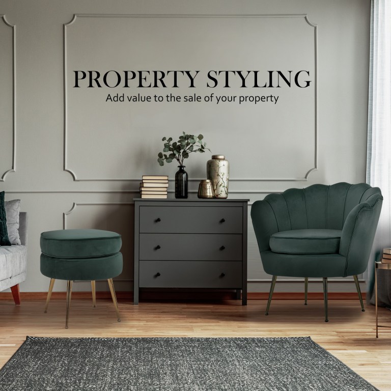 armchair lounge chair accent velvet shell scallop + ottoman footstool round green Elegant living room with stylish furniture.