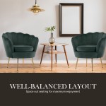 armchair lounge chair accent velvet shell scallop + ottoman footstool round green Stylish living room with green chairs, wooden table.