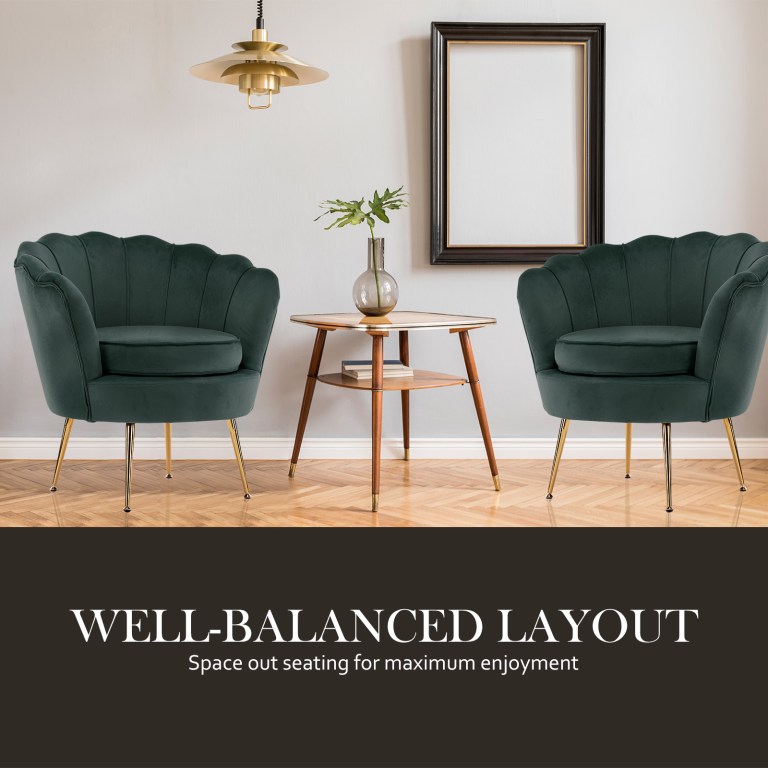 armchair lounge chair accent velvet shell scallop + ottoman footstool round green Stylish living room with green chairs, wooden table.