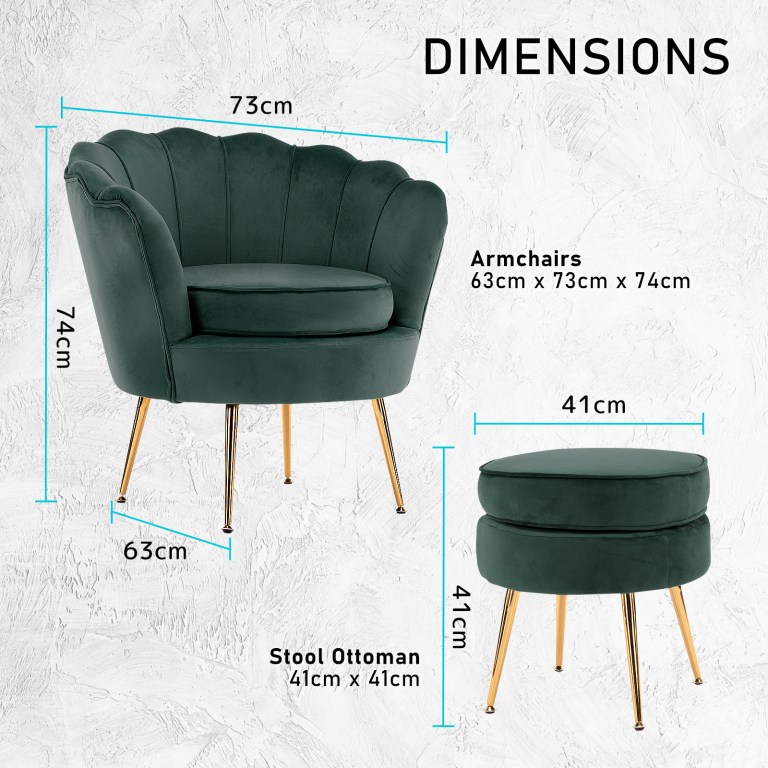armchair lounge chair accent velvet shell scallop + ottoman footstool round green Green armchair and ottoman with dimensions.