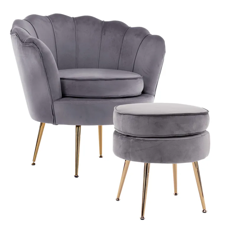 Grey velvet chair and ottoman with gold legs.