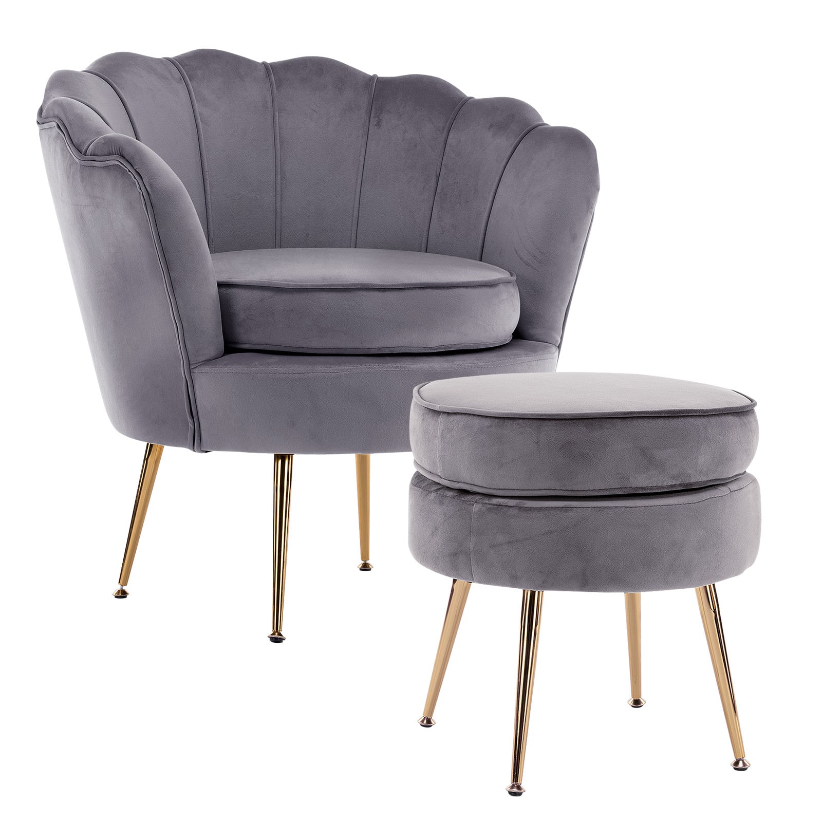 v274 ft vac st 1596 gy ft vac st 1596 gy 00.jpg Grey velvet chair and ottoman with gold legs.