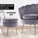 Grey velvet shell armchair with footstool on wooden floor.