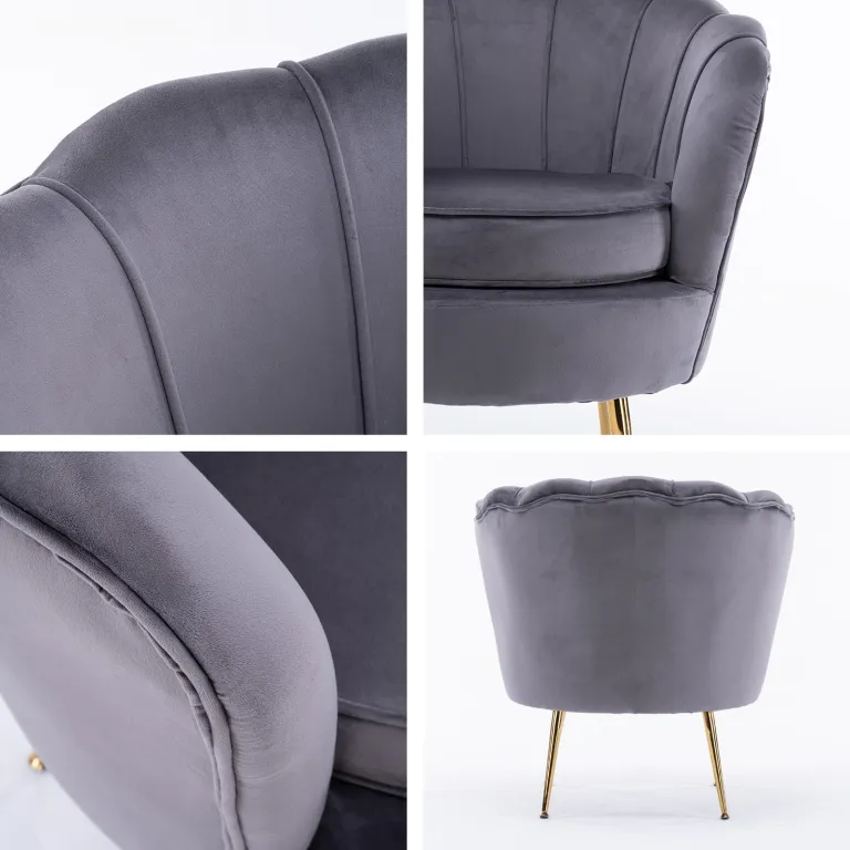 Grey velvet armchair with elegant gold legs