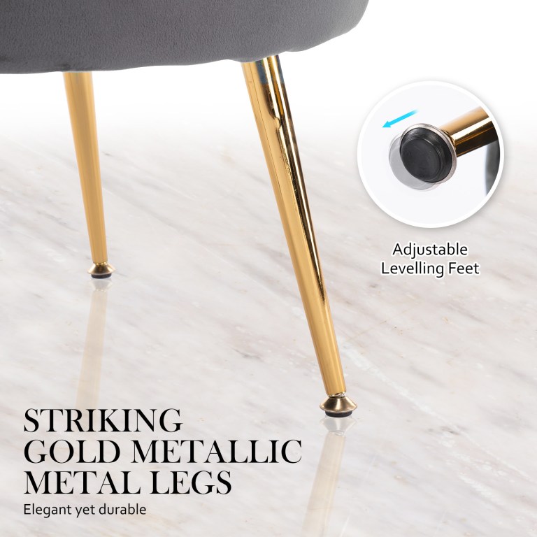 Chair with gold metallic legs and adjustable feet.