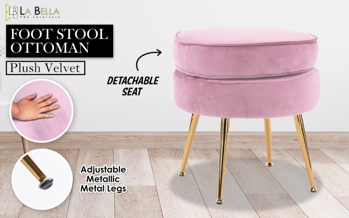 ottoman foot stool velvet fabric metal leg round pink Pink velvet footstool with detachable seat, metallic legs.
