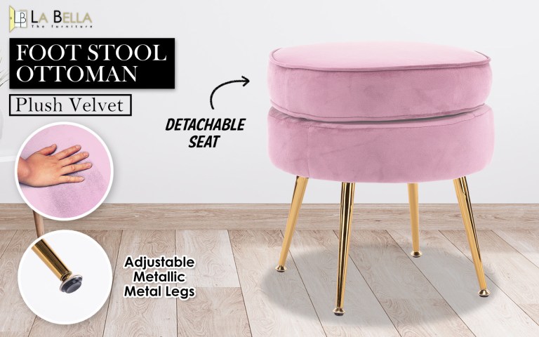 ottoman foot stool velvet fabric metal leg round pink Pink velvet footstool with detachable seat, metallic legs.
