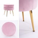 ottoman foot stool velvet fabric metal leg round pink Pink velvet stool with gold legs.