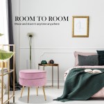 ottoman foot stool velvet fabric metal leg round pink Elegant bedroom with pastel decor and storage ottoman