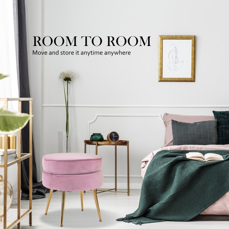 ottoman foot stool velvet fabric metal leg round pink Elegant bedroom with pastel decor and storage ottoman