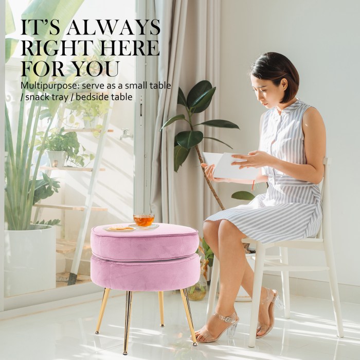 ottoman foot stool velvet fabric metal leg round pink Woman reading with pink multipurpose table nearby.