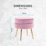 ottoman foot stool velvet fabric metal leg round pink Pink ottoman with gold legs, dimensions 41cm x 41cm.