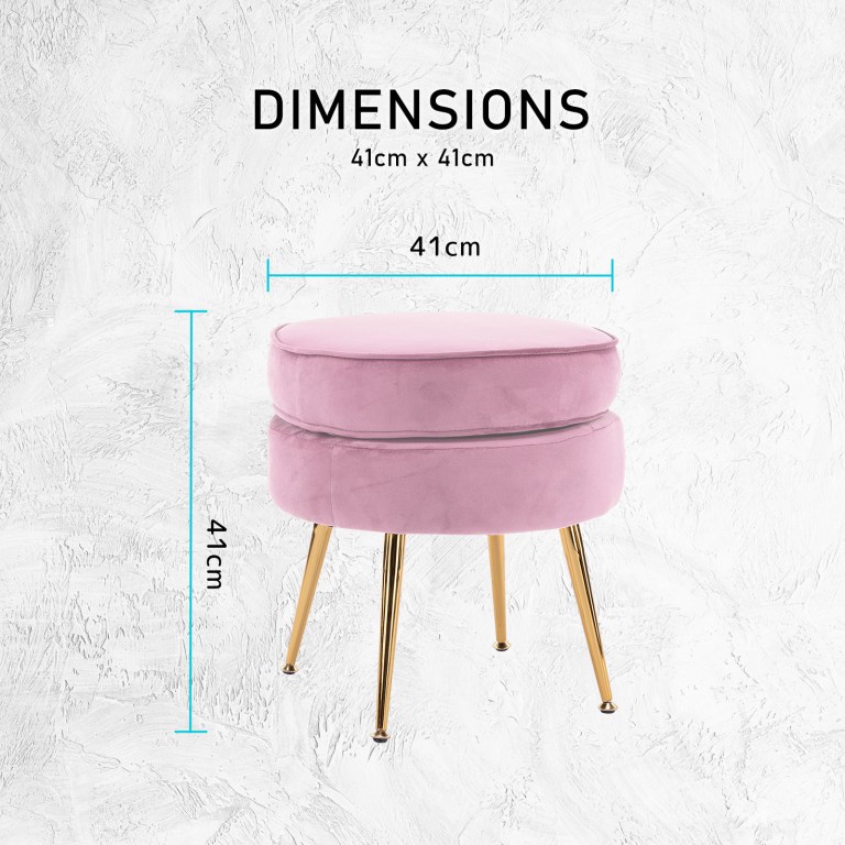ottoman foot stool velvet fabric metal leg round pink Pink ottoman with gold legs, dimensions 41cm x 41cm.