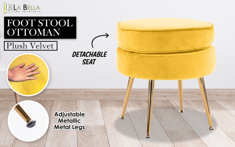 ottoman foot stool velvet fabric metal leg round yellow Yellow ottoman with detachable seat and metal legs.