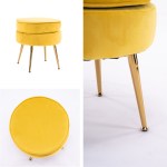 ottoman foot stool velvet fabric metal leg round yellow Yellow ottoman with gold legs on white background.