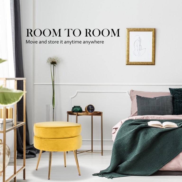 ottoman foot stool velvet fabric metal leg round yellow Modern bedroom with yellow ottoman and decorative items.