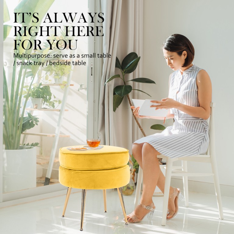 ottoman foot stool velvet fabric metal leg round yellow Woman reading beside yellow multipurpose stool.