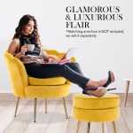 ottoman foot stool velvet fabric metal leg round yellow Woman relaxing on yellow chair with laptop, coffee.
