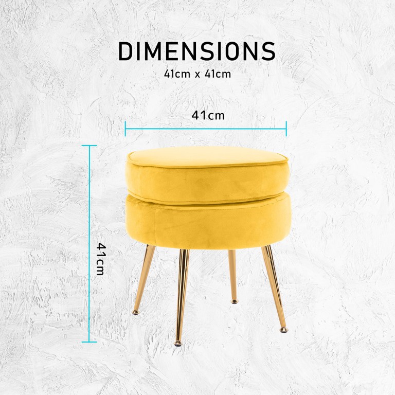 ottoman foot stool velvet fabric metal leg round yellow Yellow round stool, 41cm height and width.