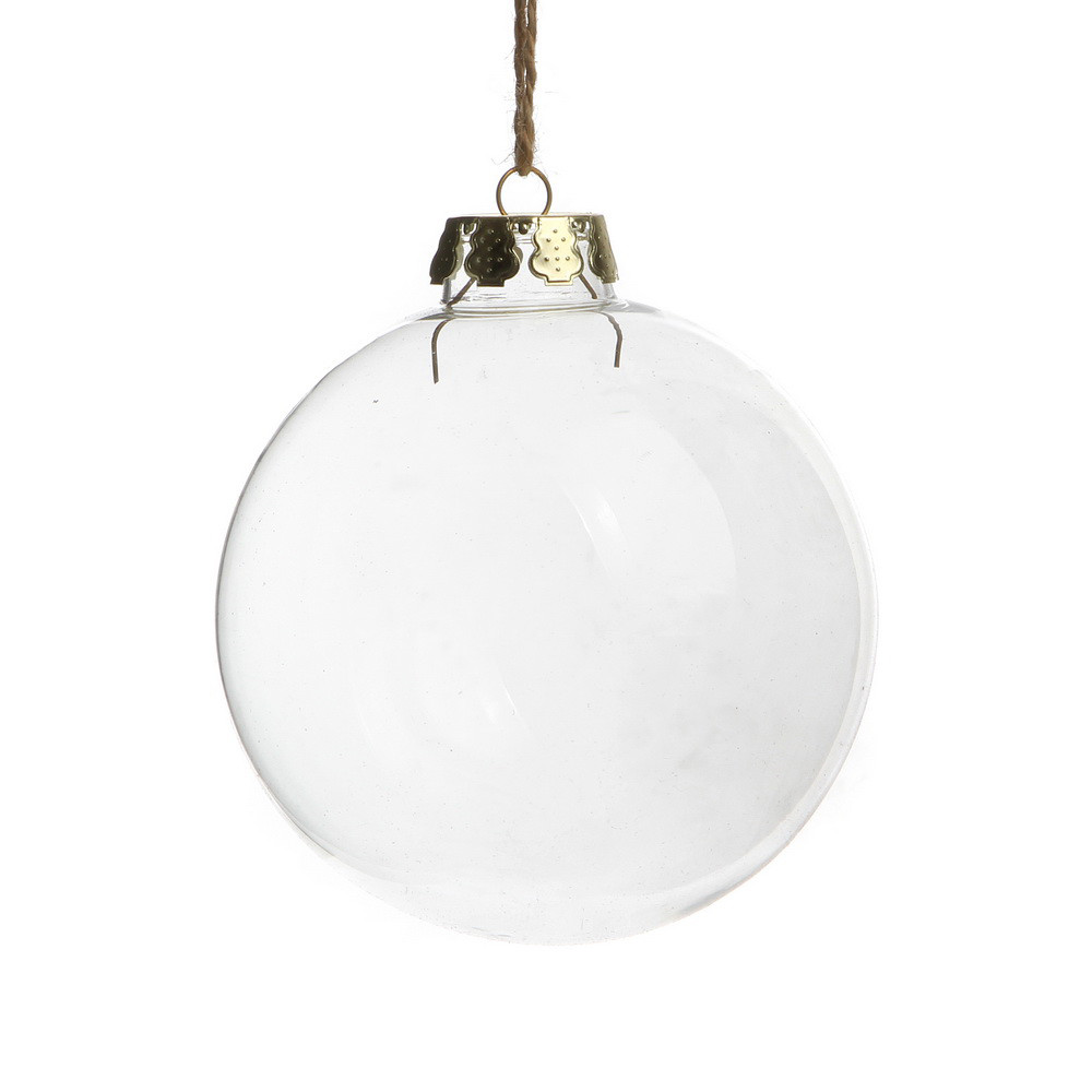 Clear glass Christmas bauble with metal cap.