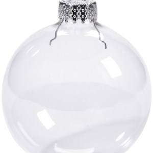Clear glass Christmas bauble with silver cap.