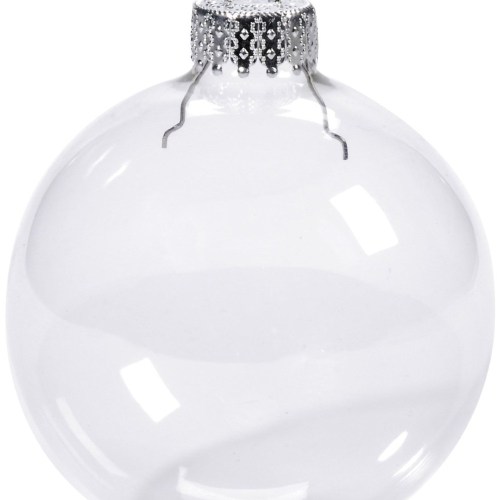 Clear glass Christmas bauble with silver cap.