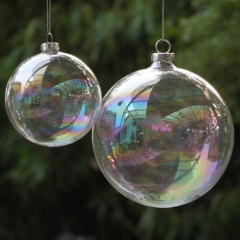 20 x glass bauble 8cm diameter round clear with silver cap table or tree centrepice personal memory theme craft gift Two clear glass baubles reflecting rainbow light.