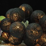 Illuminated black string lights next to purple flowers.
