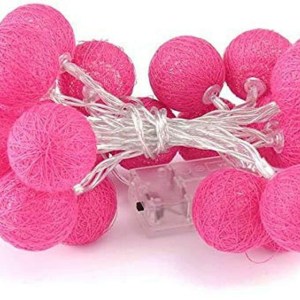 Pink string lights in a ball shape.