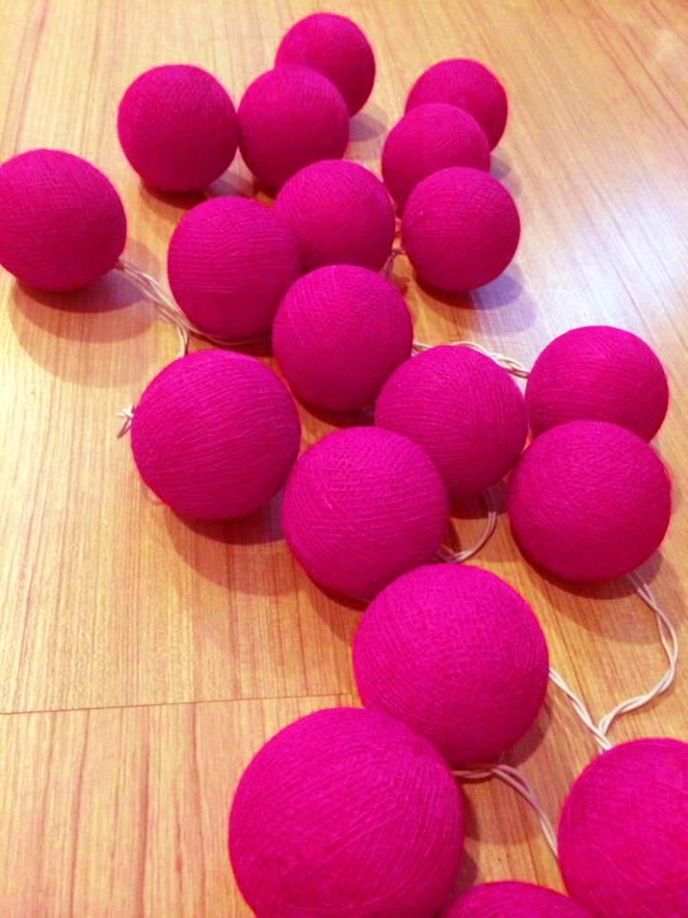20 ball hot pink 3m string light battery box 5cm cotton ball christmas birthday bbay girl special occasion decoration Pink cotton ball string lights on wooden floor.