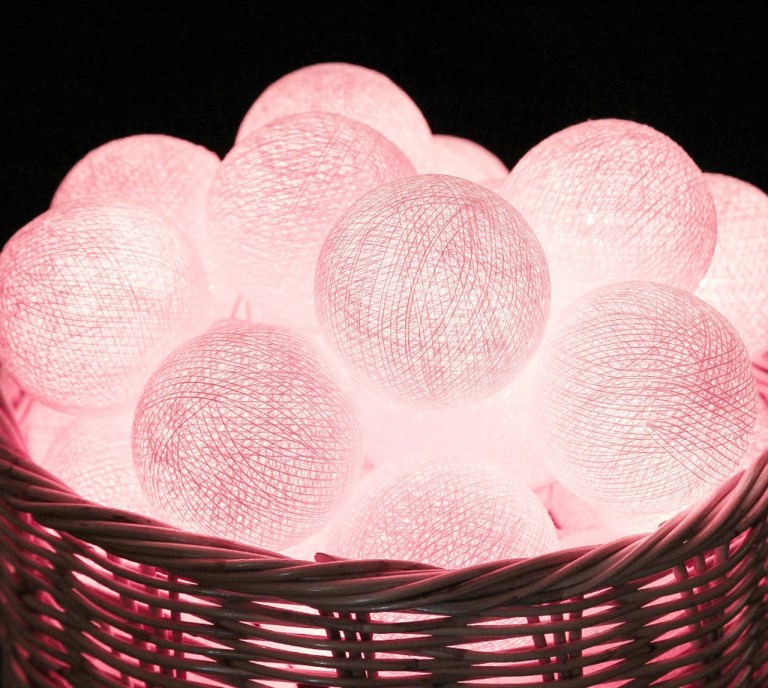 20 ball pastel pink 3m string light battery box 5cm cotton ball christmas birthday bbay girl special occasion decoration Pink glowing string lights in wicker basket