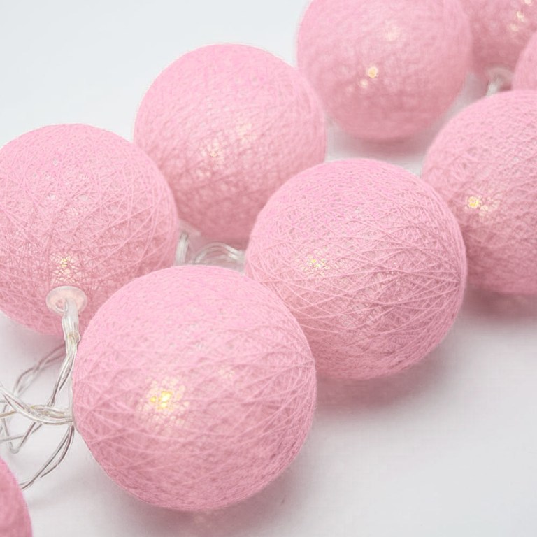 20 ball pastel pink 3m string light battery box 5cm cotton ball christmas birthday bbay girl special occasion decoration Pink string lights glowing on white background.