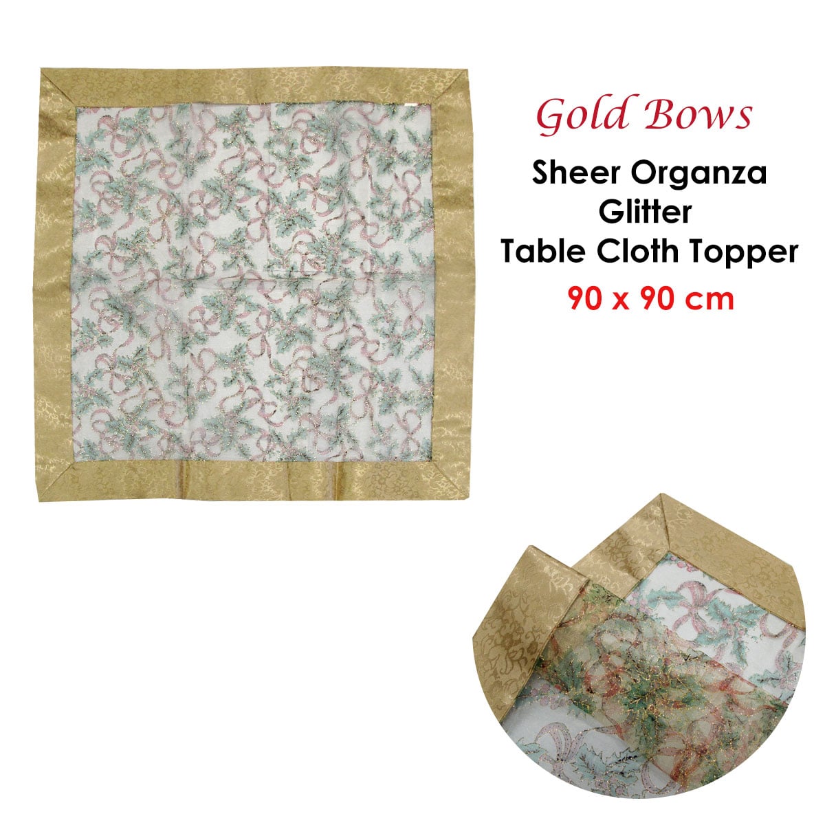 Gold bow organza table topper, 90x90 cm.
