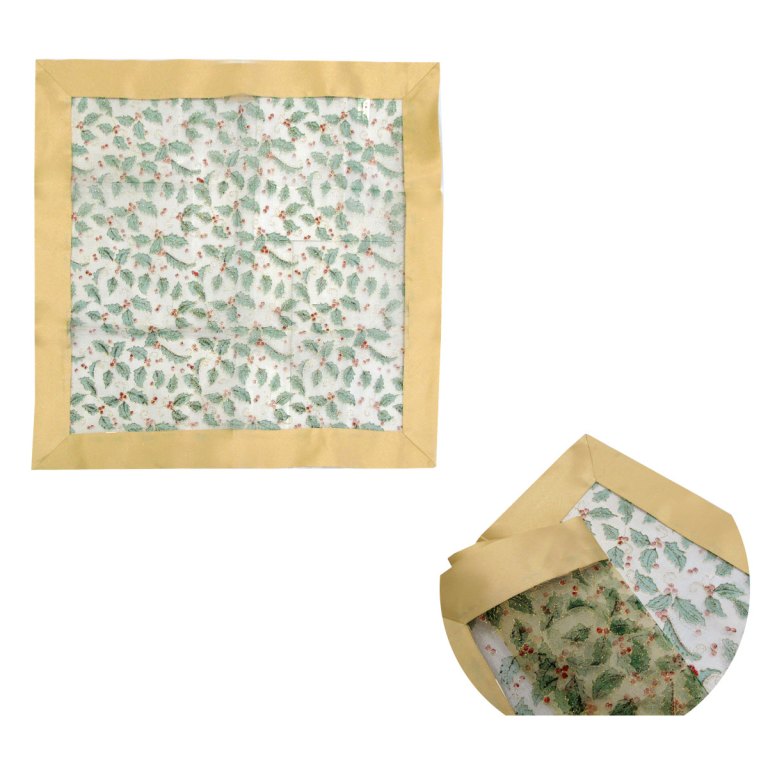 Square tablecloth with holly leaves pattern and gold border.