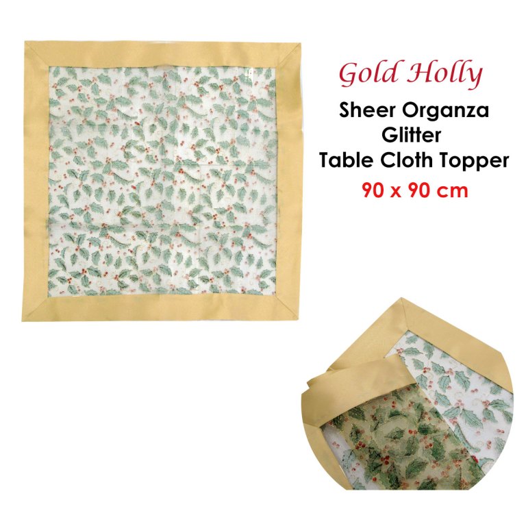 Gold holly tablecloth with sheer organza border.