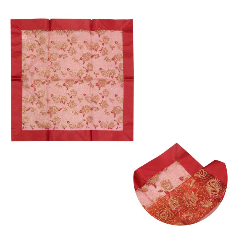 v442 abr tablec topperrosie red sq 96776 00.jpg Red and gold floral square fabric with folded corner.