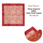 christmas red rosie sheer organza glitter table cloth topper 90 x 90 cm Red organza tablecloth with floral glitter design.