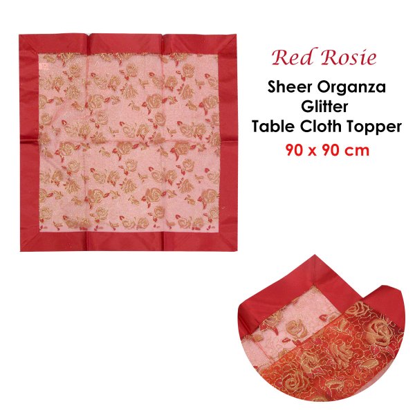 christmas red rosie sheer organza glitter table cloth topper 90 x 90 cm Red organza tablecloth with floral glitter design.