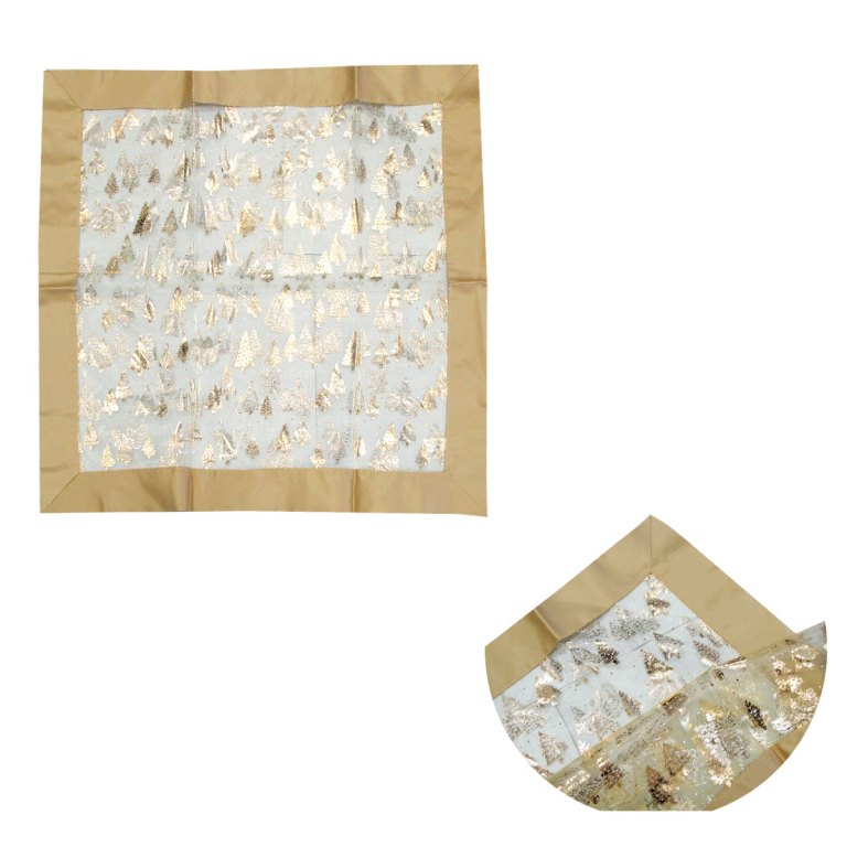 Decorative tablecloth with metallic Christmas tree pattern.