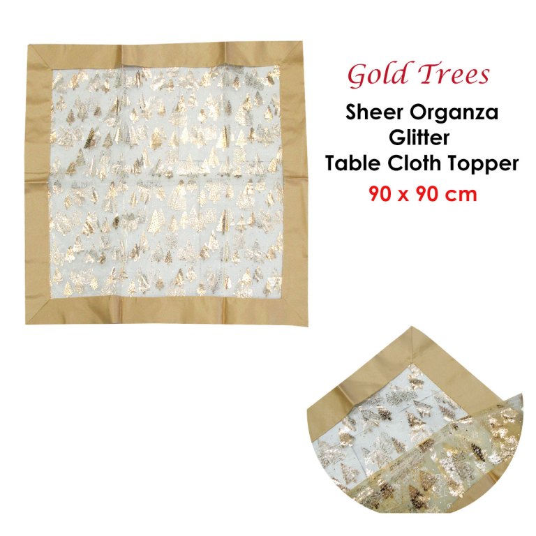 Gold tree organza tablecloth topper, 90x90 cm.
