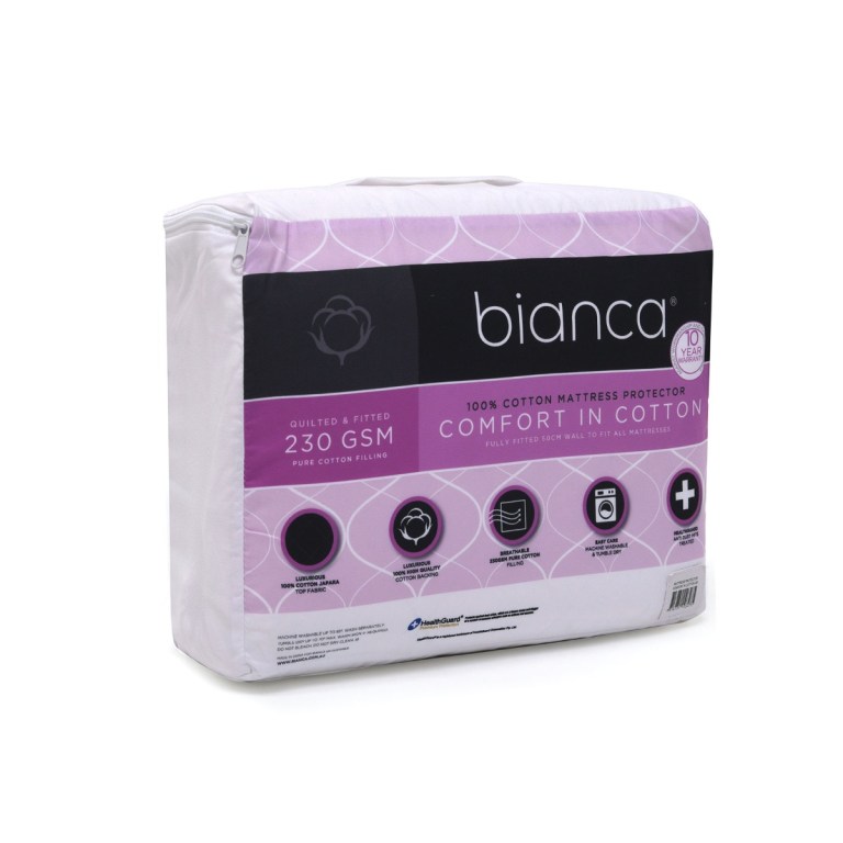 Bianca cotton mattress protector packaging, 230 GSM, quilted.