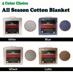 Four colour choices of cotton blankets: white, blue, wheat, latte.