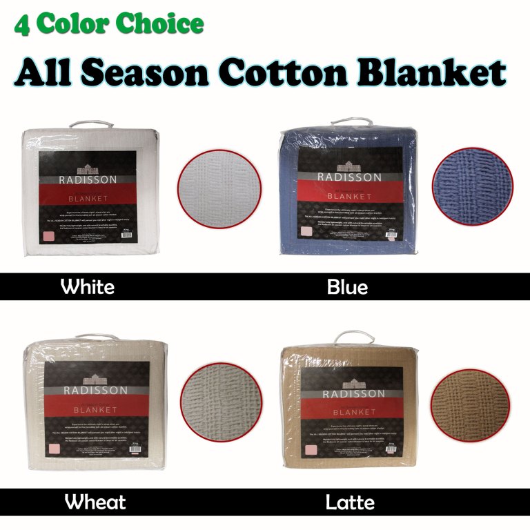 Four colour choices of cotton blankets: white, blue, wheat, latte.