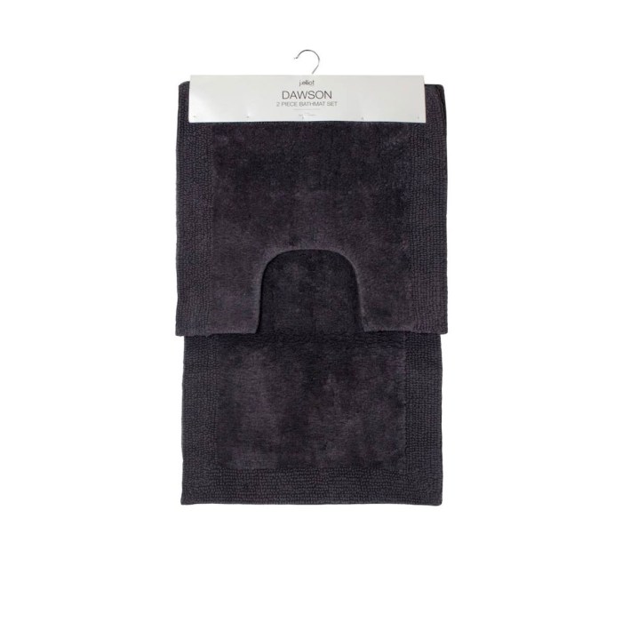 Dark grey two-piece bathmat set hanging display