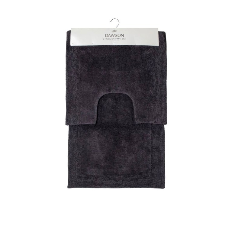 Dark grey two-piece bathmat set hanging display