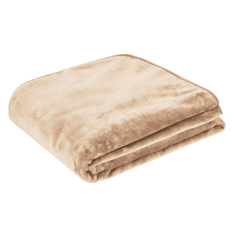 v442 idc blanket solidfaux natural qs 78463 00.jpg Soft beige fleece blanket folded neatly.