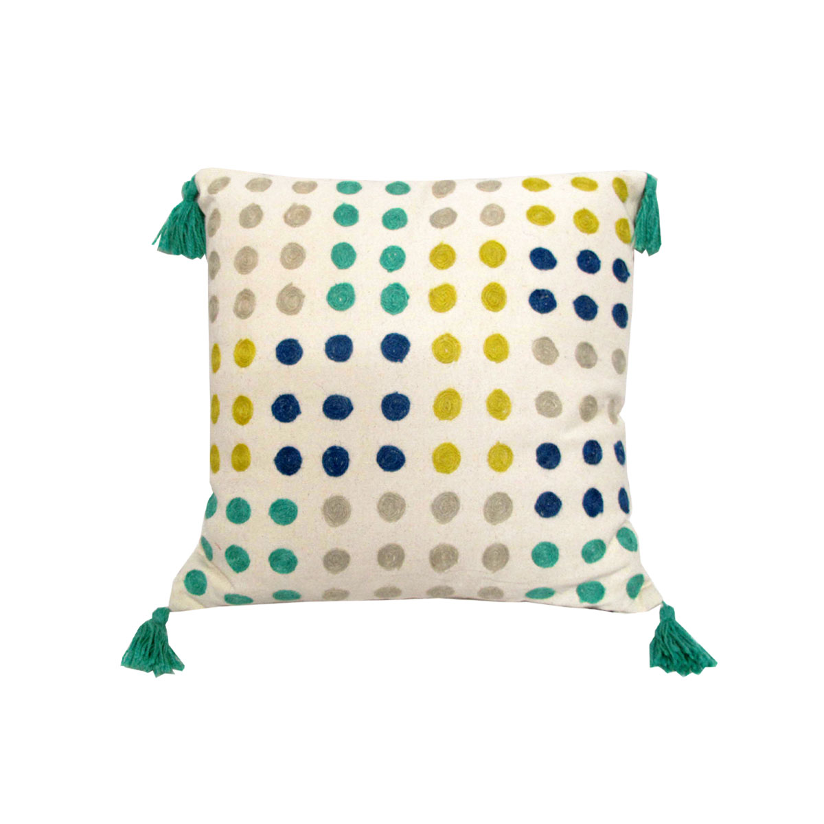 Polka dot cushion with tassels, colourful design.